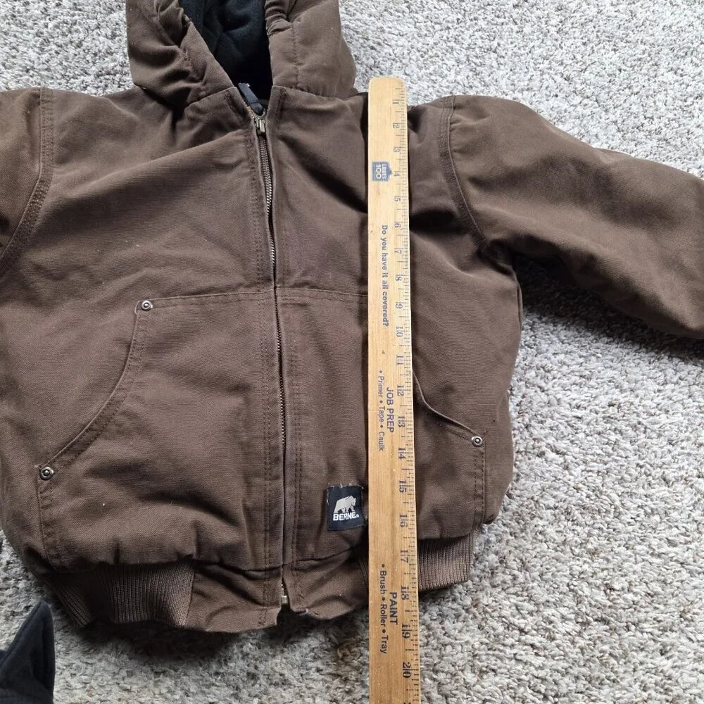 Berne Jacket Youth Small Brown Hooded Lined Zip Tan Work Wear Canvas Farm
